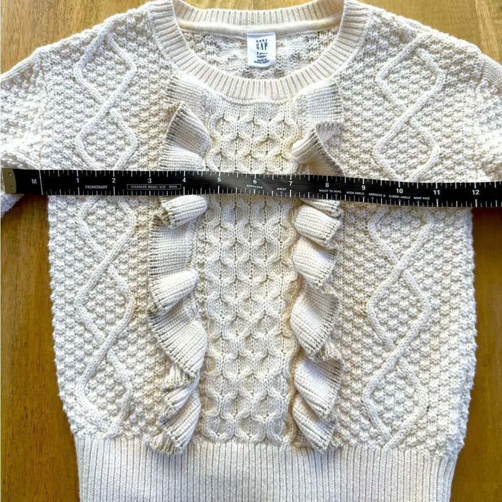 Baby Gap Winter White Ruffle Front Sweater with gold Trim Sz 3 yrs